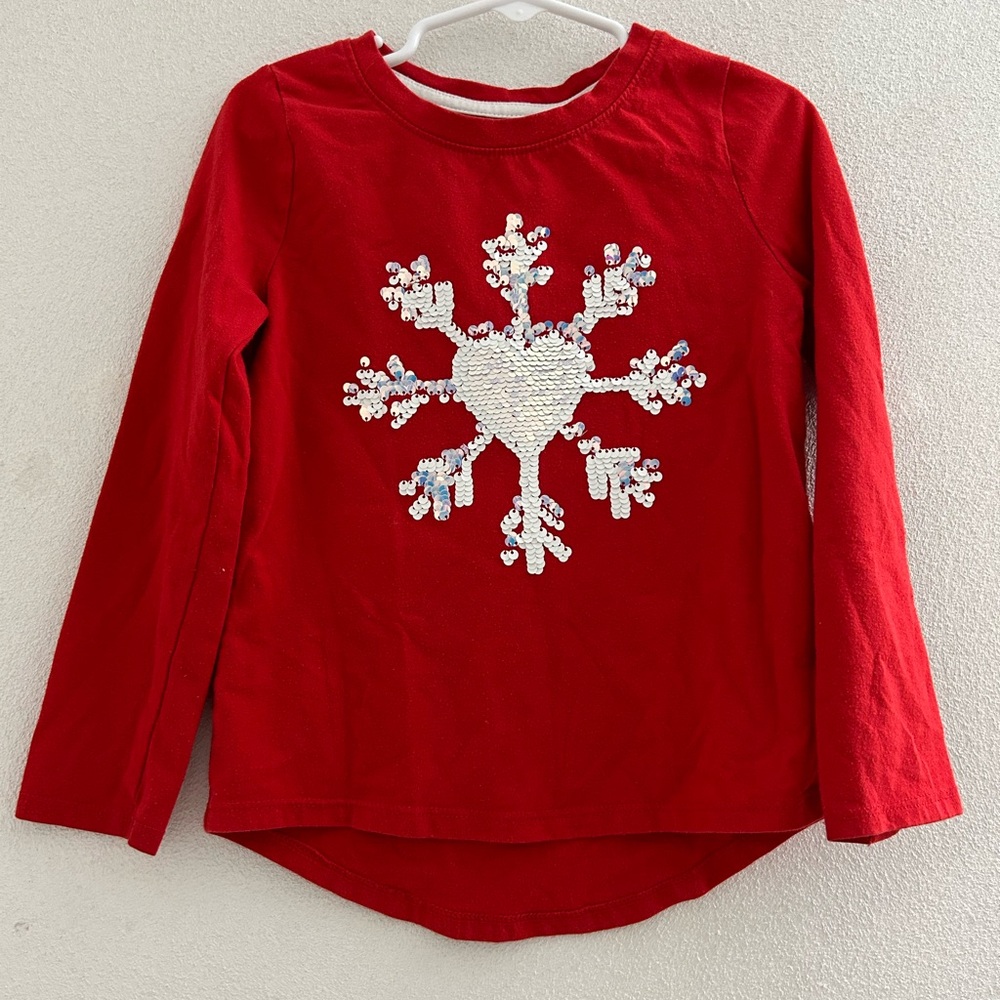 🌺 Red Sequin Snowflake Kids Shirt christmas holiday festive attire size 7/8